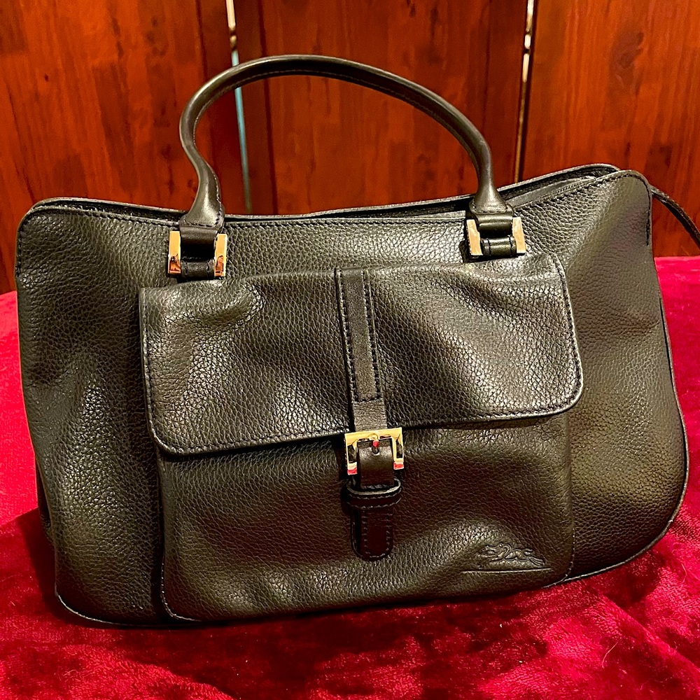 Lonchamp Leather Shoulder Bag, Navy Blue